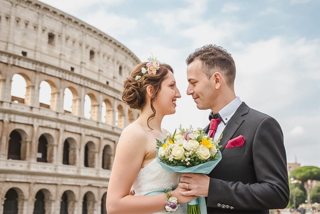 Irina e Gio davanti al Colosseo di Roma, fotografia di matrimonio elegante e naturale