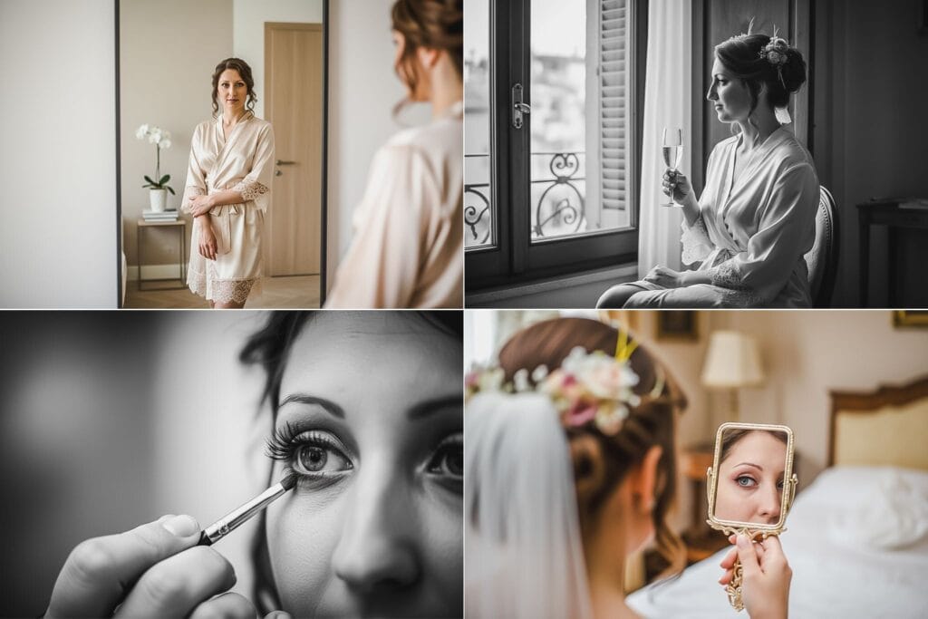 Irina si prepara davanti allo specchio prima del matrimonio, fotografia dolce e intima