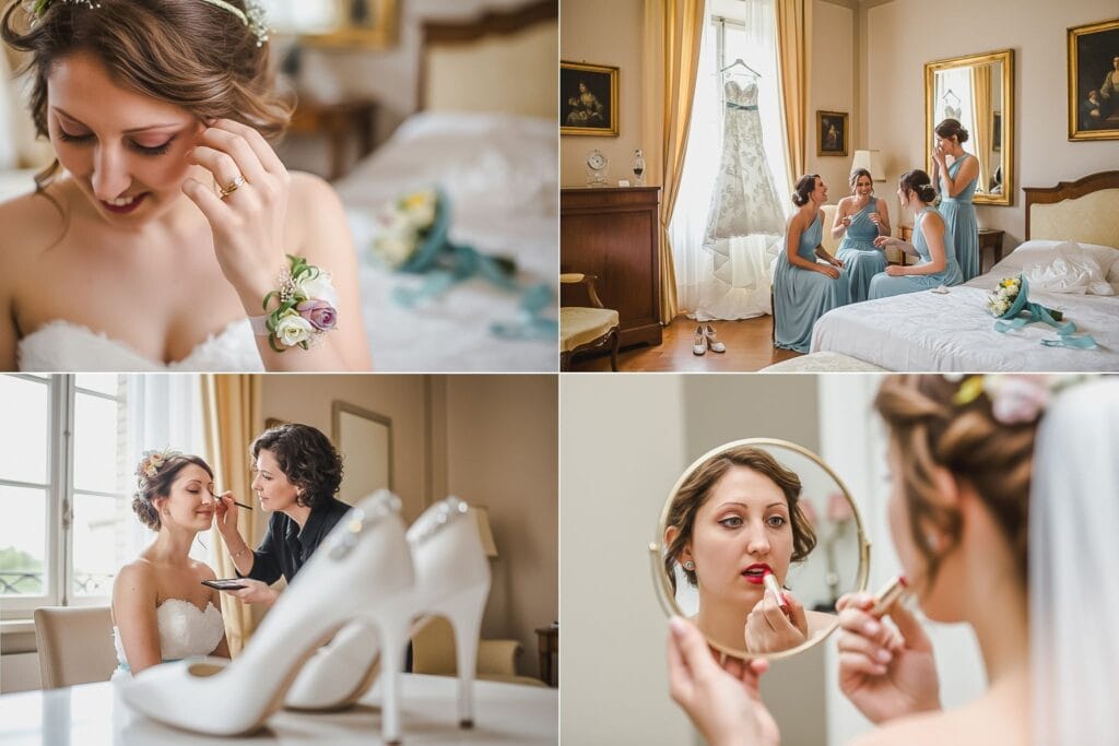 Dettagli dell’abito da sposa e del make-up, atmosfera elegante nei preparativi a Roma