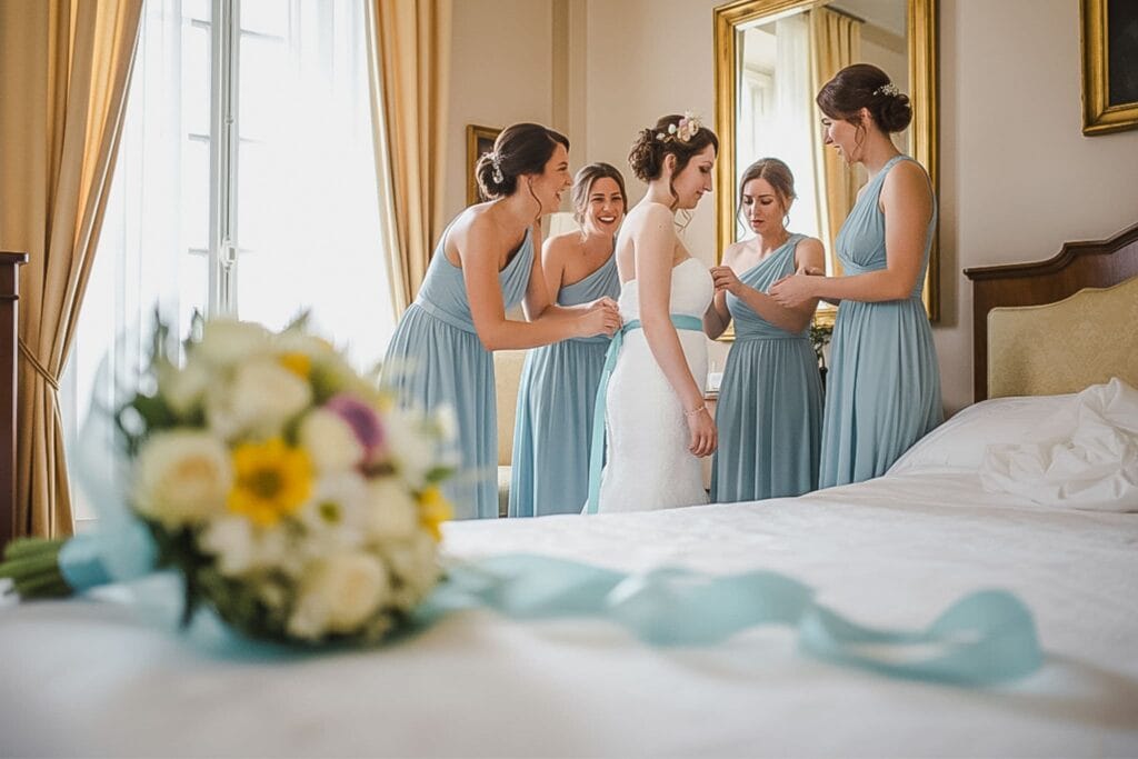 La sposa insieme alle damigelle in un momento di gioia e risate durante i preparativi