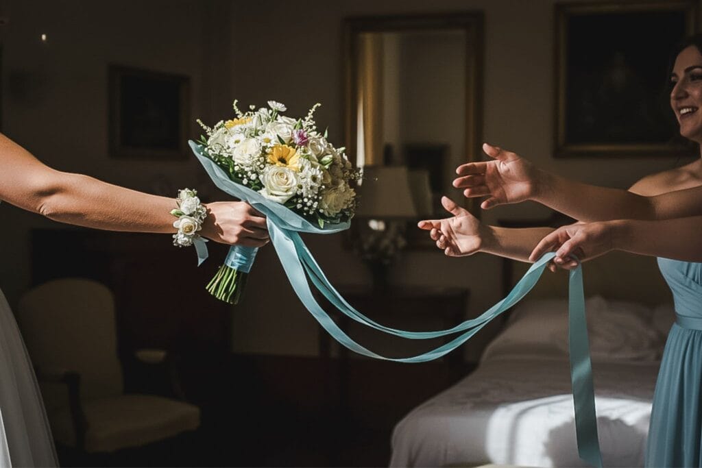 Bouquet di matrimonio con nastro turchese illuminato dalla luce naturale
