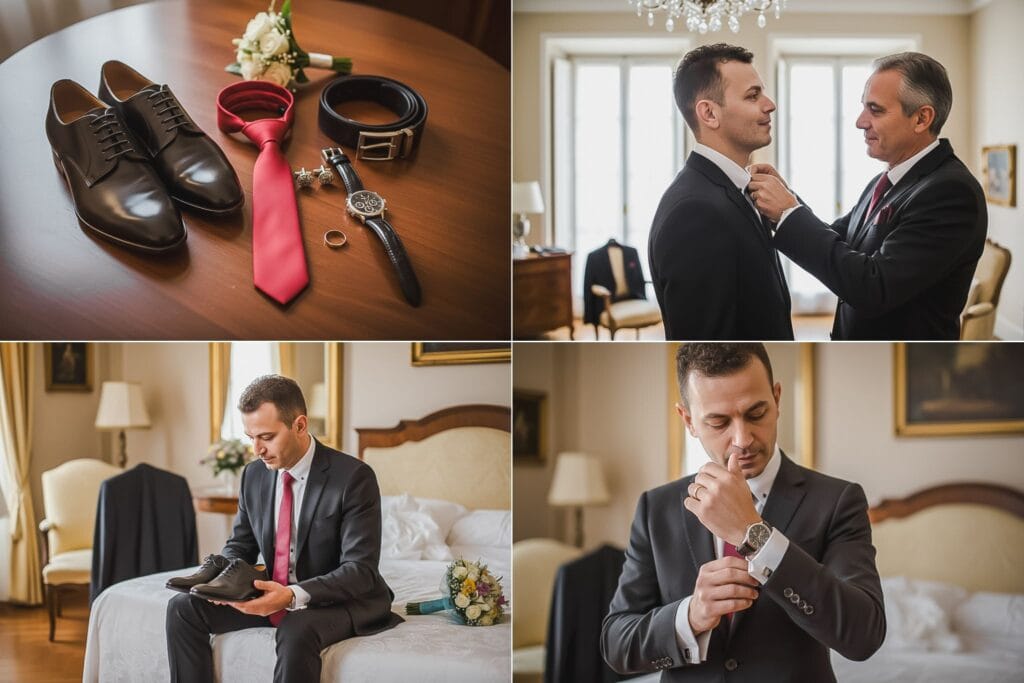 Lo sposo Gio sistema i dettagli del suo abito, fotografia elegante e curata