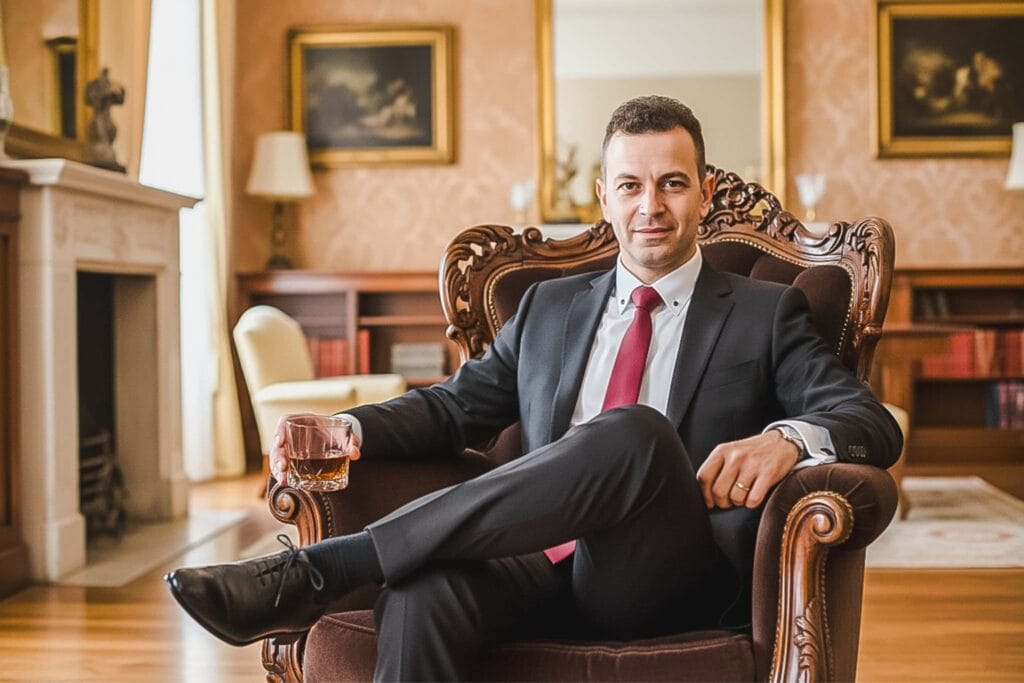 Ritratto elegante dello sposo Gio in una stanza con luce naturale a Roma