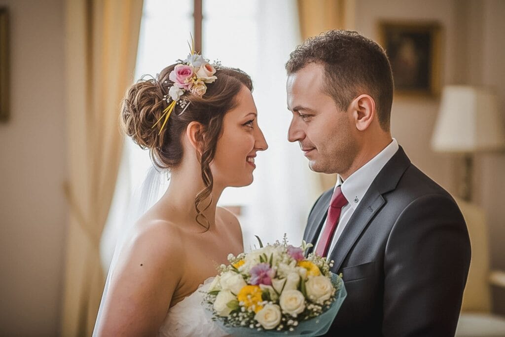 Ritratto romantico degli sposi Irina e Gio nella luce calda del mattino romano