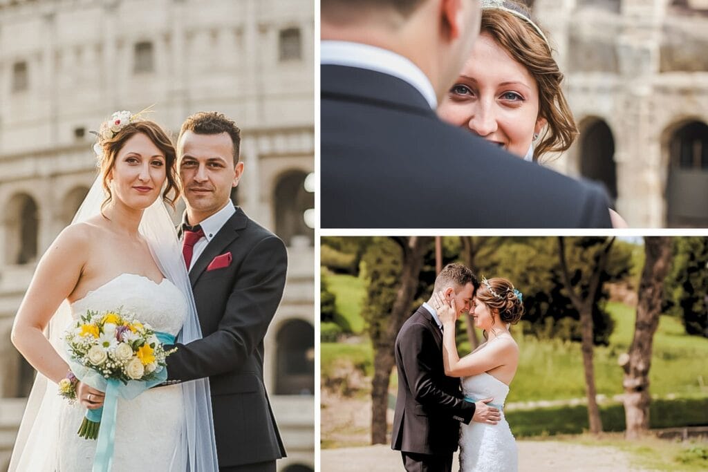 Gli sposi ridono insieme dopo la cerimonia civile a Santa Maria in Tempulo